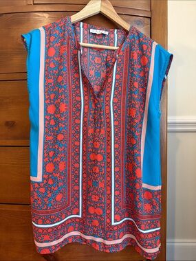 Chaus Coral & Turquoise Sleeveless V-Neck Printed Tunic